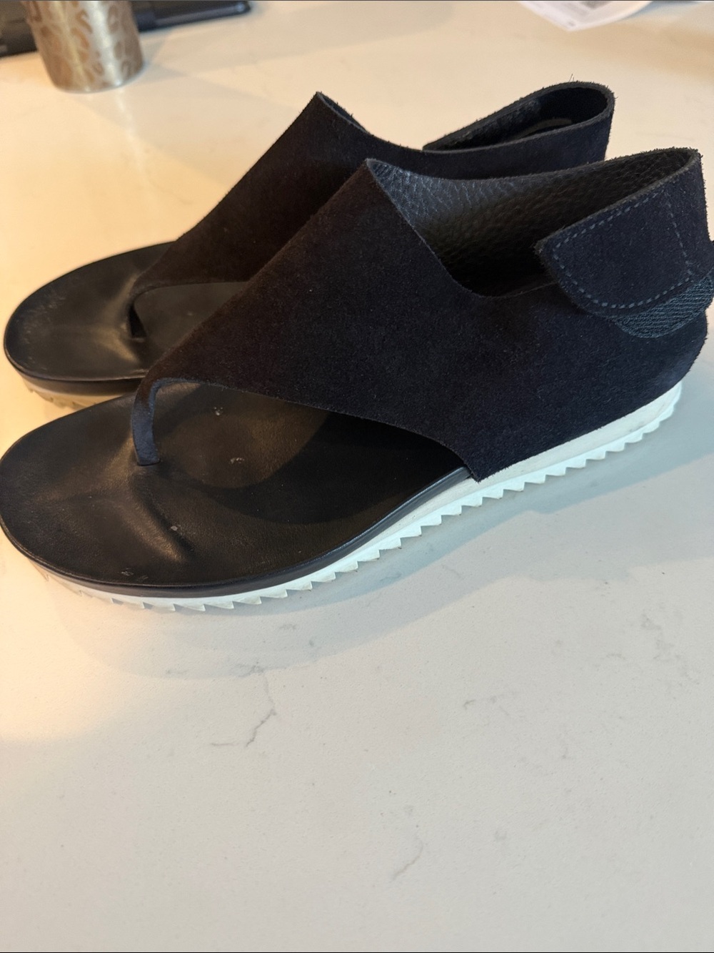 Pedro Garcia Black Suede Toe-Loop Sandal with White Sole